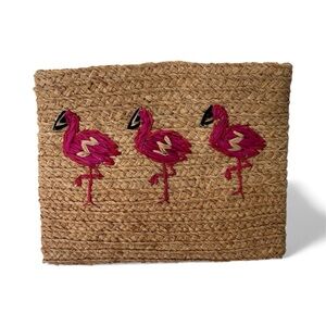 Buji Baha Raffia Flamingo Clutch NWOT Whimsical Pink Birds Magnetic Snap Closure
